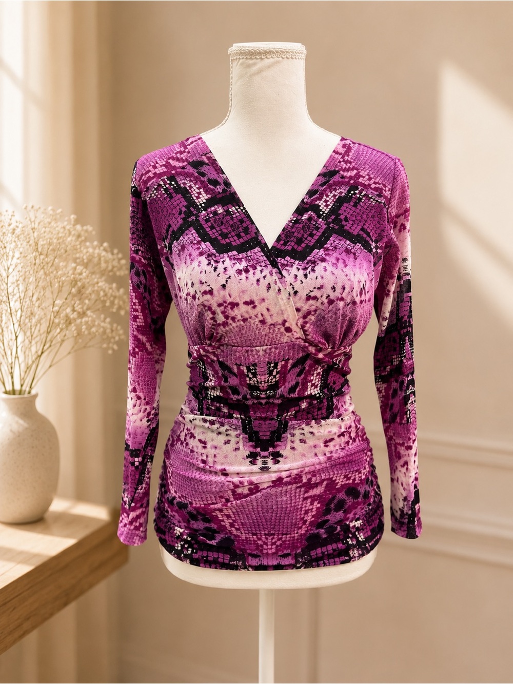 INC International Concepts Purple Snake-Print V-Neck Wrap Top